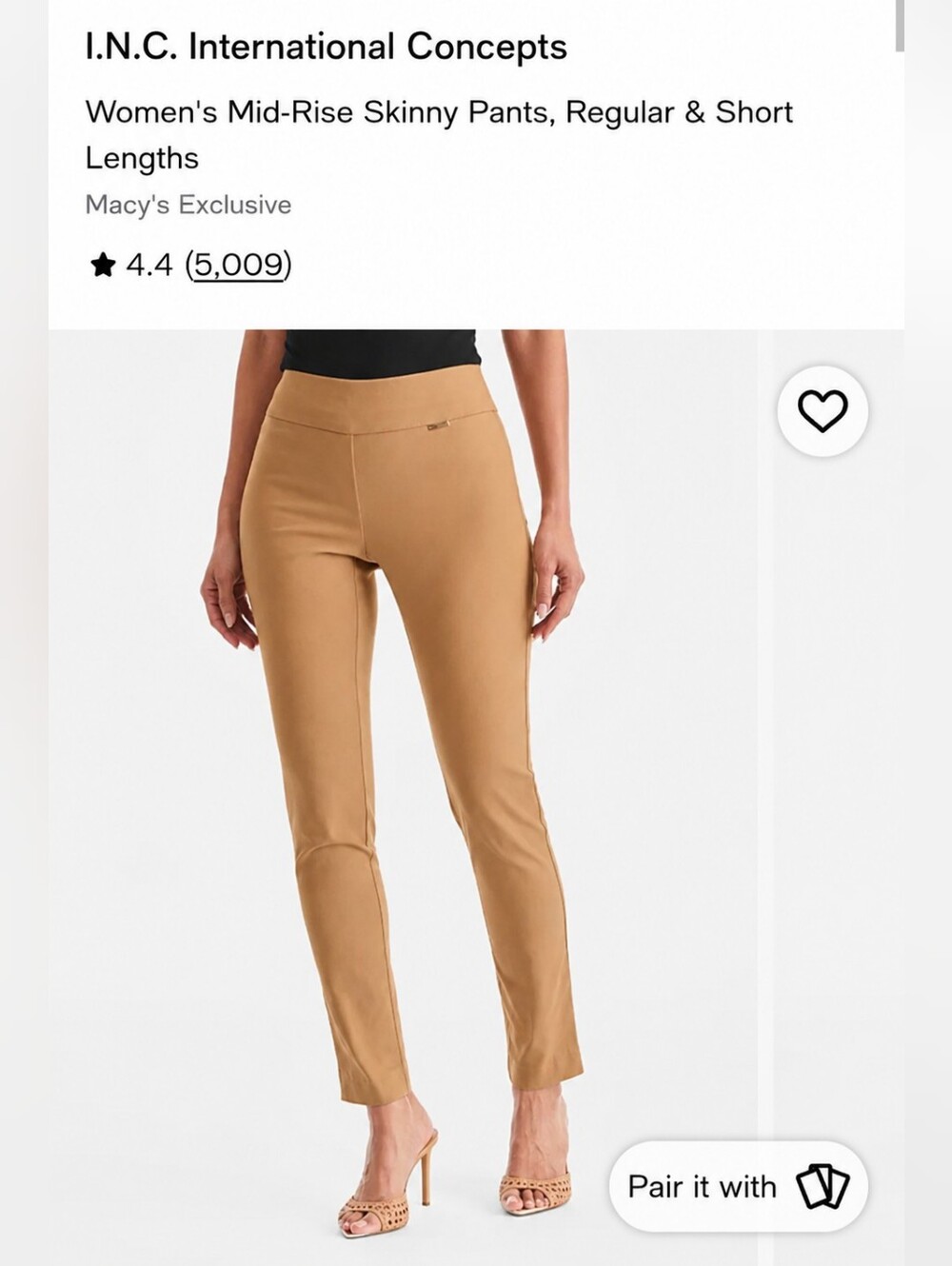 INC International Concepts Mid-Rise Skinny Pants - Camel